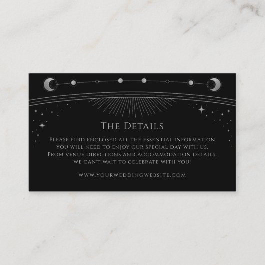 Mystiek Zwart Zilver Bruiloft Details Celestial Informatiekaartje (Voorkant)