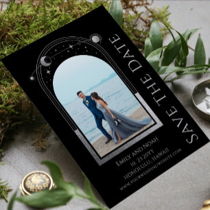 Mystiek Zwart Zilver Zon Maan Star Space Bruiloft Save The Date