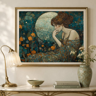 Mystieke Art Nouveau Dame in Amber en Teal Foto Afdruk