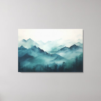 Mystieke bergen in de mist en betoverde bossen canvas afdruk