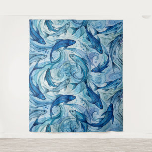 Mystieke Blauwe Vissen Stromende Harmonie Wandkleed