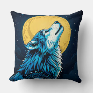 Mystieke Blauwe Wolf Huilend naar een Volle Maan Kussen