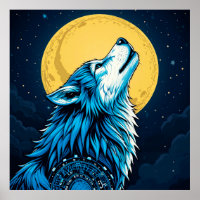 Mystieke Blauwe Wolf Huilend naar een Volle Maan