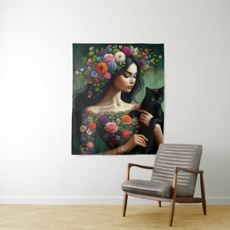 Mystieke Bloemengodin met Zwarte Kat – Fantasie Ku Wandkleed