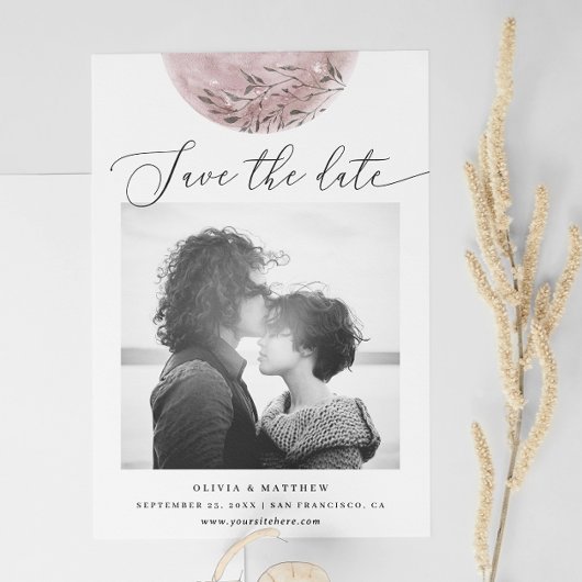 Mystieke Blush Pink Moon | Elegant script bruiloft Save The Date