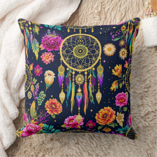Mystieke boheemse bloemmotief in navyblauw en goud kussen