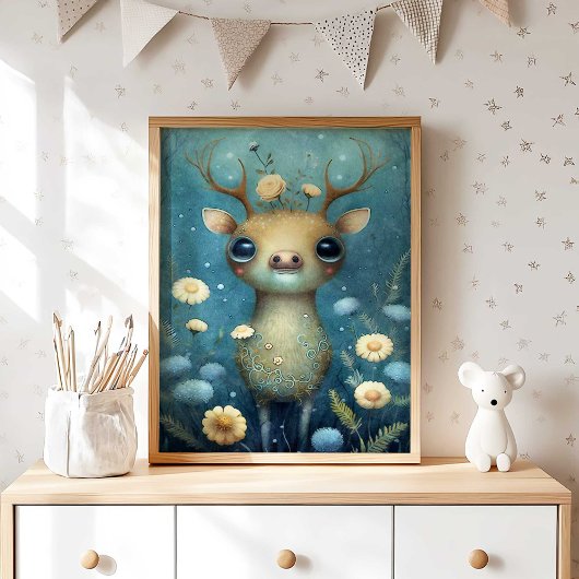 Mystieke bos herten wanddecor | Bloemrijke kinderk Poster