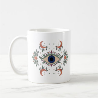 Mystieke boze oog en halve maan hemels wit koffiemok