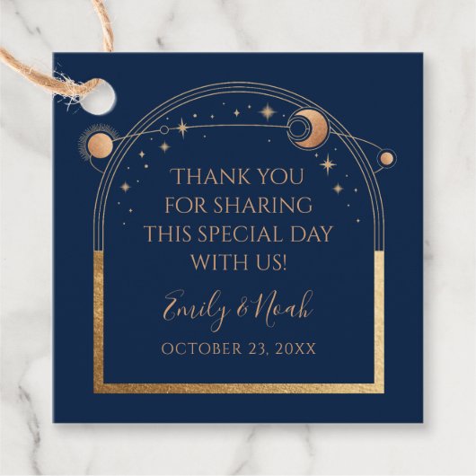 Mystieke Chique Blauw Goud Zon Maan Sterren Bruilo Bedankjes Labels (Voorkant)