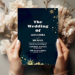 Mystieke Chique Blauw Gouden Ster Maan Bruiloft Kaart