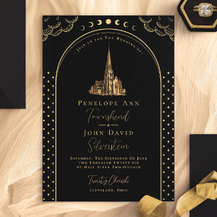 Mystieke Deco Zwarte Gouden Vintage Kerk Bruiloft Kaart