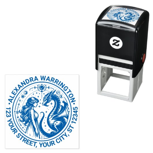Mystieke draak en prinses naam terug adres zelfinktende stempel (In situ)