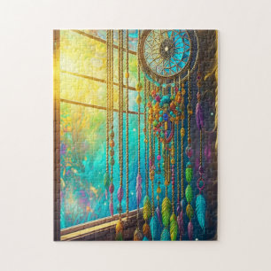 Mystieke Dreamcatcher in Venster Paarse Groen Legpuzzel