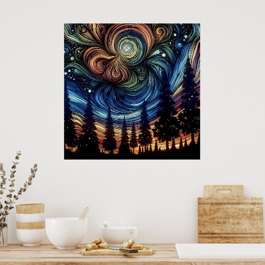 Mystieke Etherische Kunst met Bomen en Nachthemel Poster (Keuken)