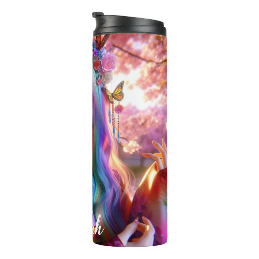 mystieke etherische vrouw met vlinders thermosbeker (Geroteerd rechts)