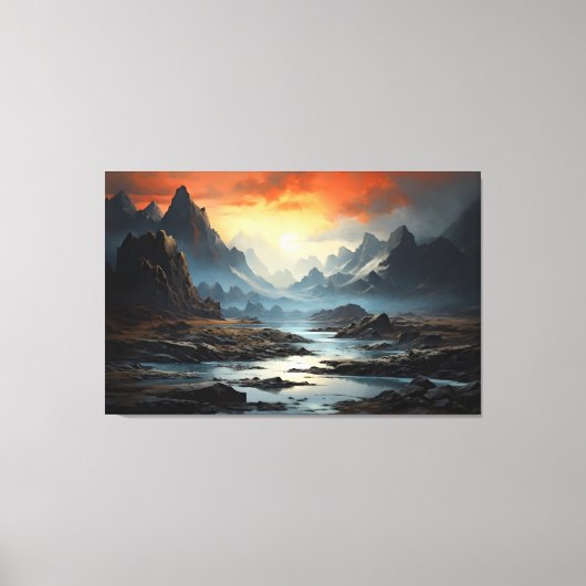 Mystieke Fantasy Realm bergen, rivier en water Canvas Afdruk (Voorkant)