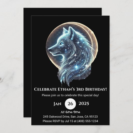 Mystieke Galaxy Wolf Kids Verjaardag Uitnodiging (Voorkant / Achterkant)