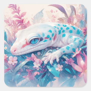 Mystieke gekko tussen levendige bloesems vierkante sticker