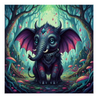 Mystieke gevleugelde olifant in betoverd bos perfect poster