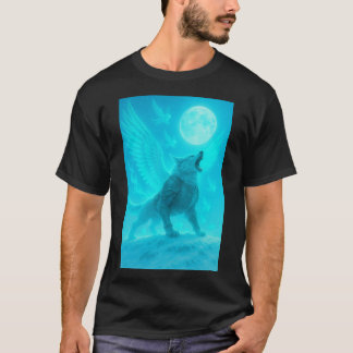 Mystieke gevleugelde wolf die naar de maan huilt t-shirt