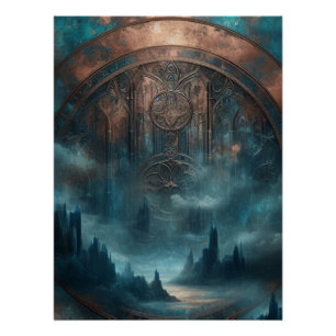 Mystieke Gotische Steampunk Kunst - Blauwe Koperen Perfect Poster