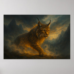 Mystieke Gouden Lynx in Zonsondergangsmist – ManJi Poster