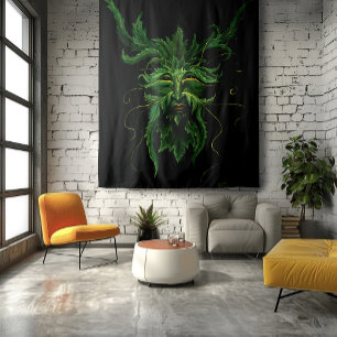 Mystieke Greenman Bos Geest Blad Gezicht Fantasie Wandkleed