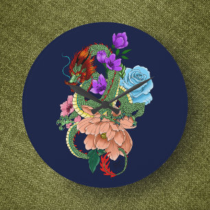 Mystieke Groene Chinese Draak Bloemig Marineblauw Grote Klok