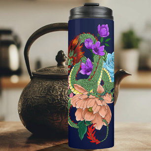 Mystieke Groene Chinese Draak Bloemig Marineblauw Thermosbeker