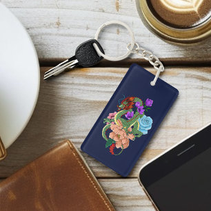 Mystieke groene Chinese draak bloemrijk marineblau Sleutelhanger