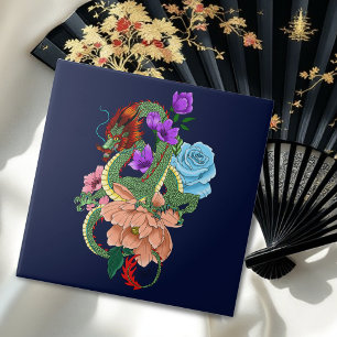 Mystieke groene Chinese draak bloemrijk marineblau Tegeltje