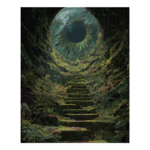 Mystieke groene maanverlichte bos-trap kunst perfect poster