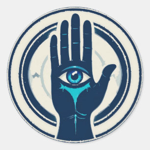 Mystieke hand met blauwe oog, surreële cirkel ronde sticker