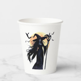 Mystieke heks onder een volle maan papieren bekers