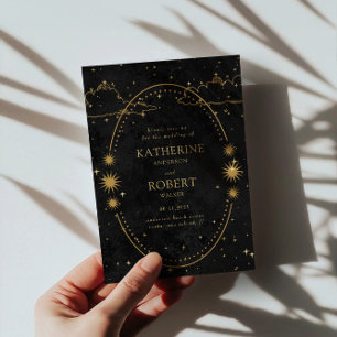 Mystieke Hemelse Gouden Maan Sterren Zwarte Huweli Kaart