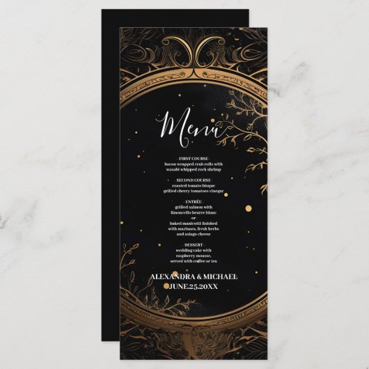 Mystieke Hemelse Zwart en Gouden Bruiloft Menu (Voorkant / Achterkant)
