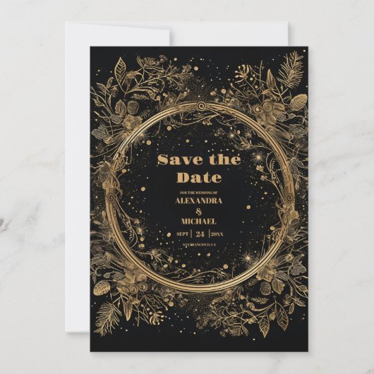 Mystieke Hemelse Zwart en Gouden Bruiloft Save The Date (Voorkant)