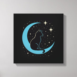 Mystieke kat in blauwe maan nachtelijke hemel canvas afdruk