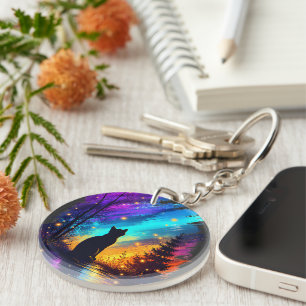 Mystieke Kat Northern Lights Acryl Sleutelhanger