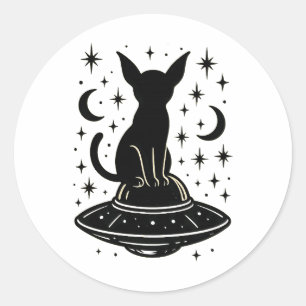Mystieke kat op UFO met sterren en manen Ronde Sticker