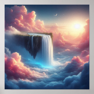 Mystieke lucht waterval uit zwevende fantasie poster
