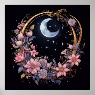 Mystieke maan en bloemen poster