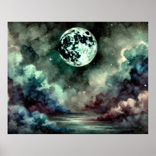 Mystieke Maan Kosmische Wolken in Dromerige Nachte Poster