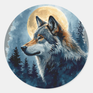 Mystieke Maanwolf Watercolor Kunst Hemels Bos Ronde Sticker