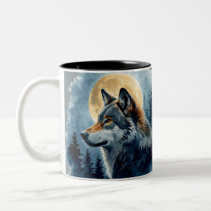 Mystieke Maanwolf Watercolor Kunst Hemels Bos Tweekleurige Koffiemok
