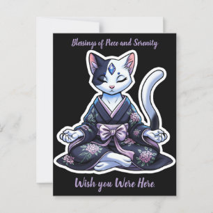 Mystieke Mediterende Kat in Bloemige Kimono Briefkaart