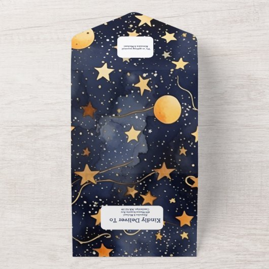 Mystieke Middernachtblauw en Goud Aquarel Bruiloft All In One Uitnodiging (Buitenkant)