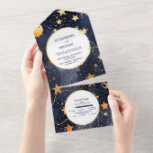 Mystieke Middernachtblauw en Goud Aquarel Bruiloft All In One Uitnodiging (Afscheurbaar)