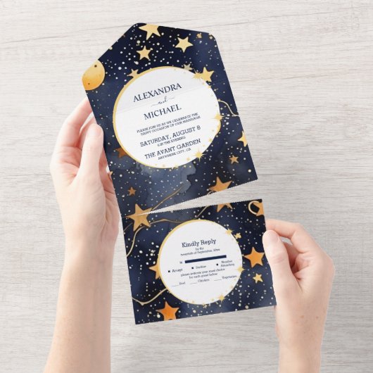 Mystieke Middernachtblauw en Goud Aquarel Bruiloft All In One Uitnodiging (Afscheurbaar)