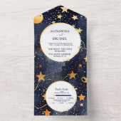 Mystieke Middernachtblauw en Goud Aquarel Bruiloft All In One Uitnodiging (Binnen)